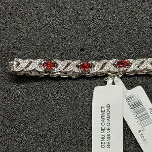.925 Sterling Silver Garnet & Diamond Tennis Bracelet 7½" Light Red NWT FMC